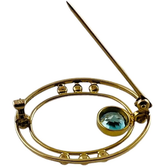 10K Yellow Gold Open Oval Blue Zircon Brooch #15684 - Picture 3 of 9